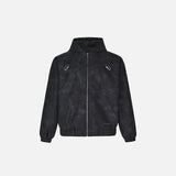 Front view of the black Y2k Loose padded Leather Jacket in a gray background 