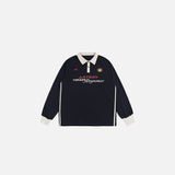 Front view of the navy blue Artery Action Sports Polo Shirt in a gray background