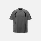 Front view of the grey Embroidery Patchwork T-shirt in a gray background