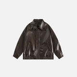 Front view of the coffee Loose Solid Color Leather Jacket in a gray background 