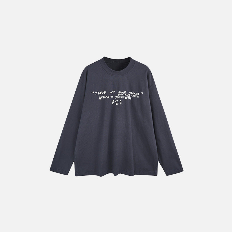 Front view of the dark gray Graphic Text Long Sleeve T-shirt in a gray background