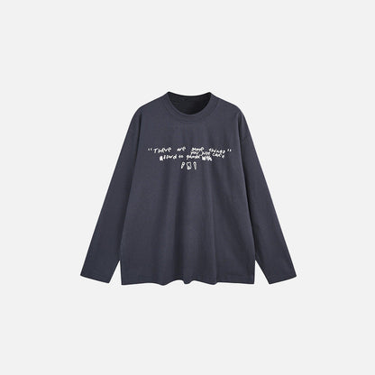 Front view of the dark gray Graphic Text Long Sleeve T-shirt in a gray background