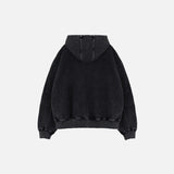 Back view of the black Retro-Inspired Oversized Hoodie in a gray background