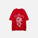 Front view of the red Chinese Dragon Graphic T-shirt in a gray background  