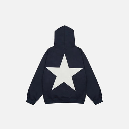 Back view of the navy blue Y2K Starburst Hoodie in a gray background
