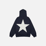 Back view of the navy blue Y2K Starburst Hoodie in a gray background
