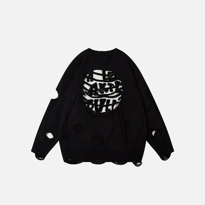 Front view of the black Solid Color Letter Ripped Hole Sweater in a gray background
