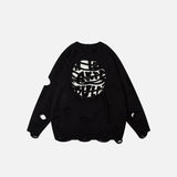 Front view of the black Solid Color Letter Ripped Hole Sweater in a gray background
