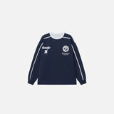 Front view of the navy blue Iconic Insignia Sweater in a gray background