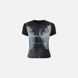 Front view of the black Y2k Women's Printed T-shirt in a gray background