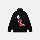 Front view of the black Christmas Socks Knitted Sweater in a gray background