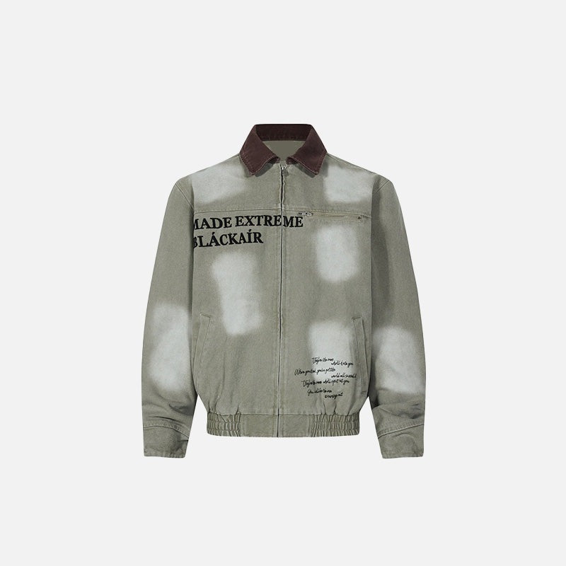Front view of the grey Y2k Washed Old Detroit Jacket in a gray background 
