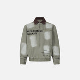 Front view of the grey Y2k Washed Old Detroit Jacket in a gray background 