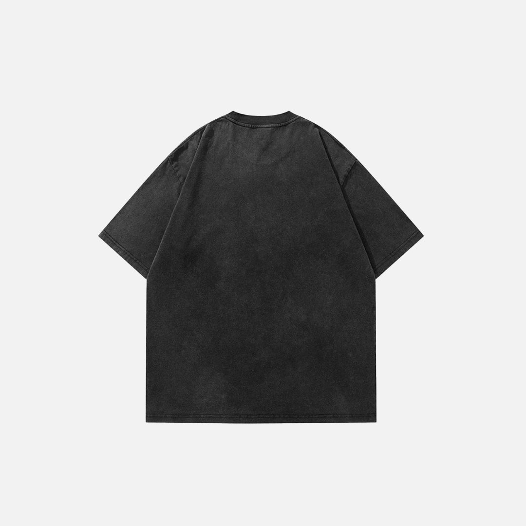 Back view of the black Reverse Mythology Graphic T-shirt in a gray background