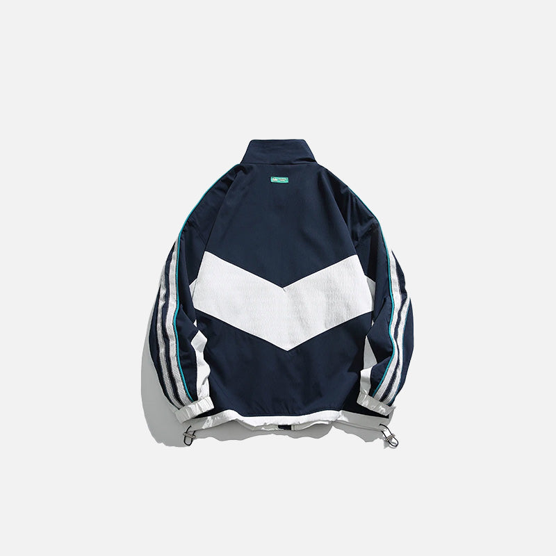 Back view of the white white Side Stripe Patchwork Jacket in a gray background