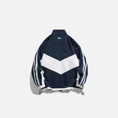 Back view of the white white Side Stripe Patchwork Jacket in a gray background