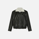 Front view of the black Vintage Washed PU Leather Jacket in a gray background