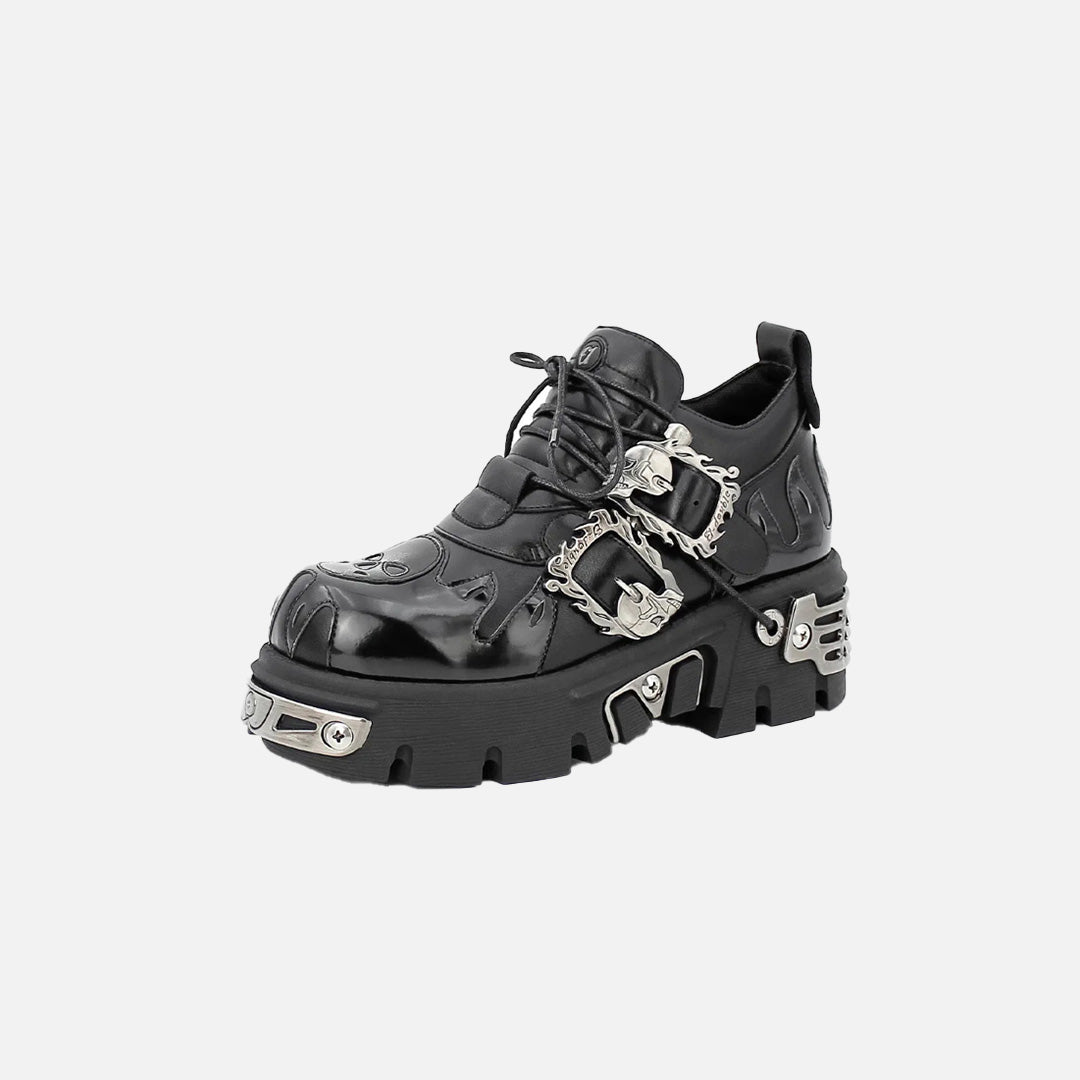 Front view of the black Gothic Platform Buckle Shoes in a gray background