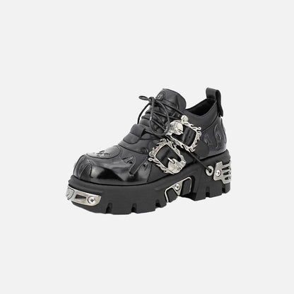 Front view of the black Gothic Platform Buckle Shoes in a gray background
