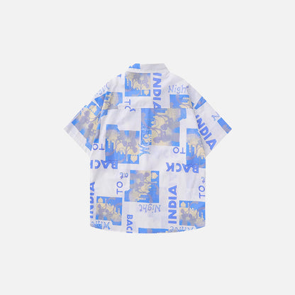 Back view of the white India Collage Print Button-Up Shirt in a gray background
