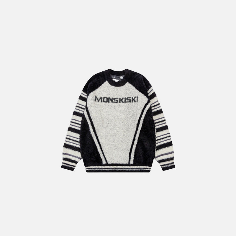 Front view of the white Monskiski Retro Stripe Sweater in a gray background