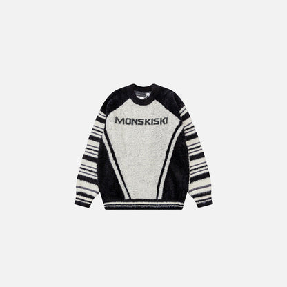 Front view of the white Monskiski Retro Stripe Sweater in a gray background