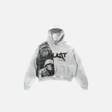 Front view of the grey Vintage Graphic Print Hoodie in a gray background