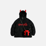 Front view of the black Loose Devil Horns Wings with Bag Jacket in a gray background