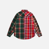Back view of the red Patchwork Plaid Button-Up Shirt in a gray background