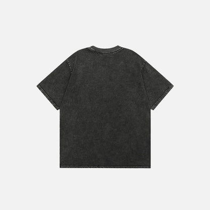 Back view of the black Vintage Retro Embroidery Patch T-shirt  in a gray background