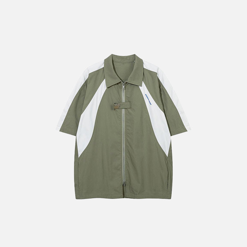 Front view of the green Splicing Color Oversized Shirt in a gray background 