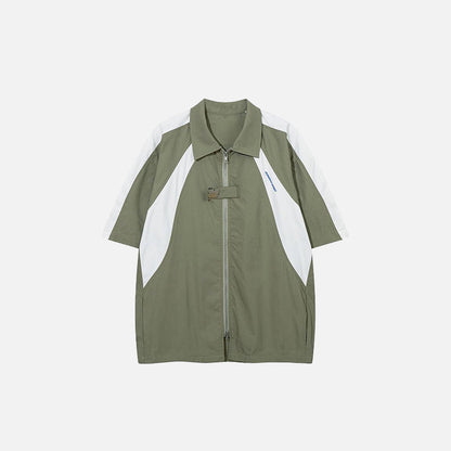 Front view of the green Splicing Color Oversized Shirt in a gray background 