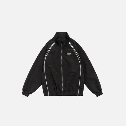Front view of the black Vintage Striped Varsity Jacket in a gray background 