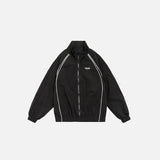 Front view of the black Vintage Striped Varsity Jacket in a gray background 