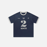 Front view of the blue Retro Oversized Letter Print T-shirt in a gray background 