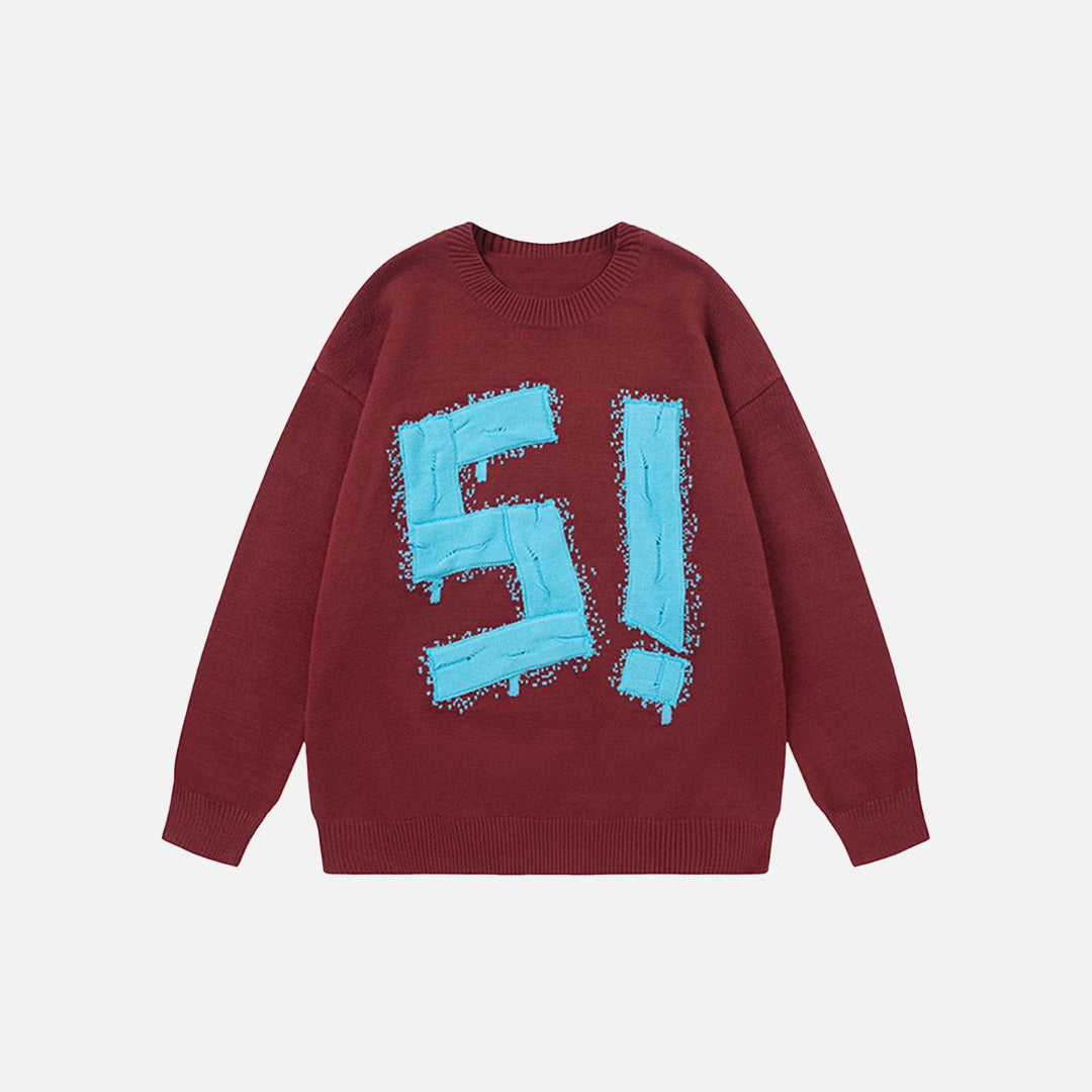 Front view of the red Y2K Bold Impact Sweater in a gray background