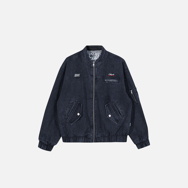 Front view of the black Y2k Washed Cowboy Zip-up Jacket in a gray background 