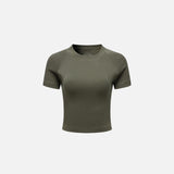 Front view of the olive Women's Sports T-shirt in a gray background 