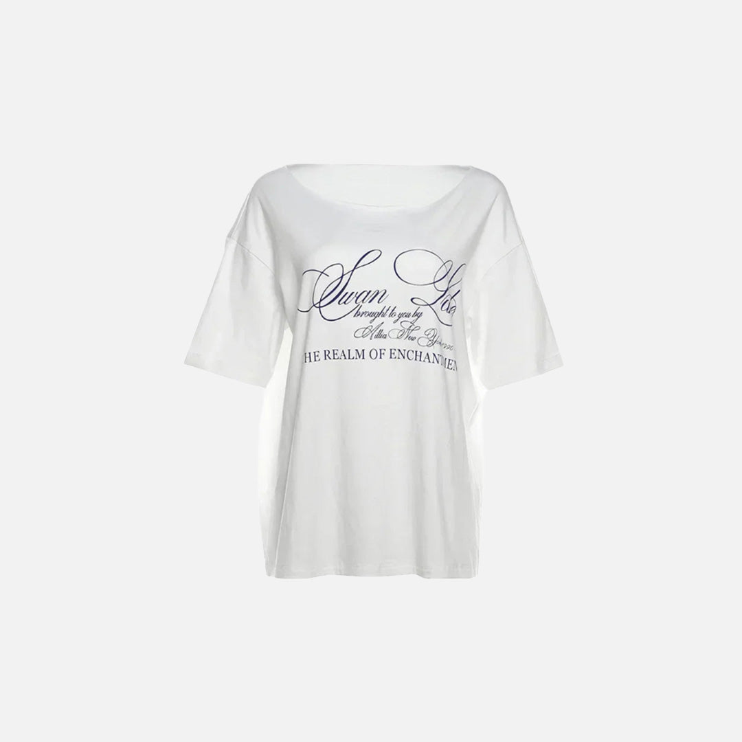 Front view of the white Swan Lake Tale T-Shirt in a gray background