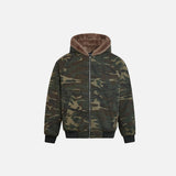 Front view of the camo Sherpa-Lined Zip-Up Jacket in a gray background