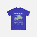 Front view of the blue Silent Hill 2 Graphic T-Shirt in a gray background