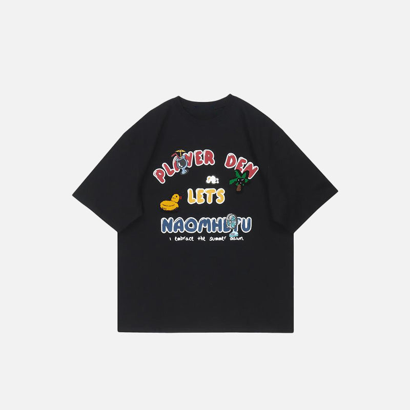 Front view of the black Cute Graphic Loose T-Shirt in a gray background 