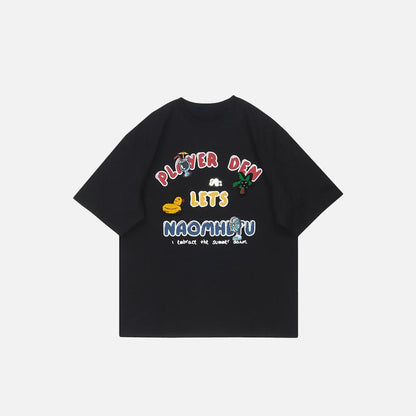Front view of the black Cute Graphic Loose T-Shirt in a gray background 