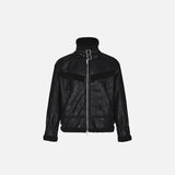 Front view of the black Motorcycle Fur Zip-up Jacket in a gray background