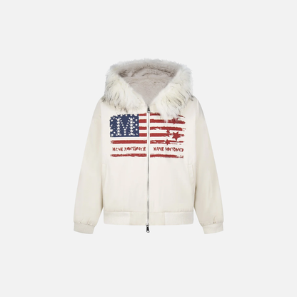 Camouflage Retro Print Faux Fur Hooded Jacket