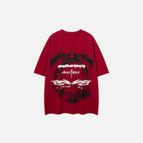 Front view of the red Blurring Ghost Print T-shirt in a gray background