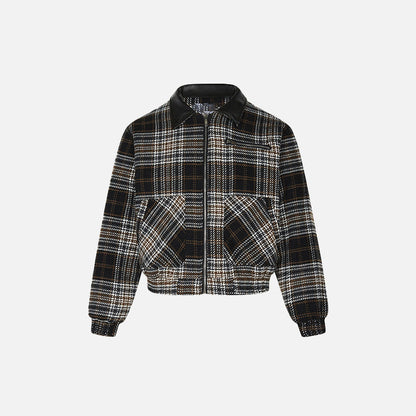 Front view of the black Loose Retro Plaid Striped Jacket in a gray background 