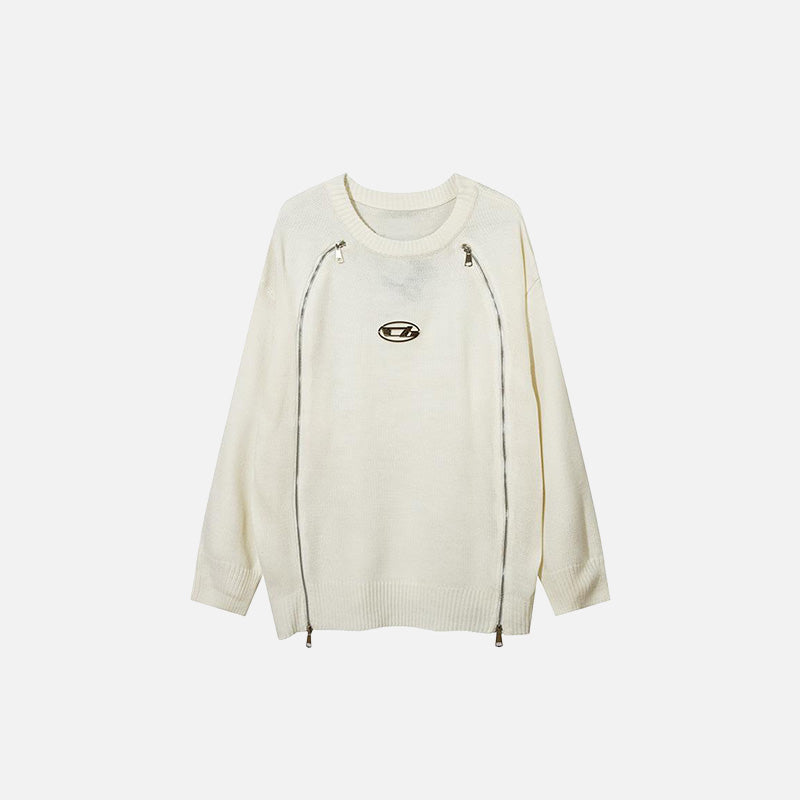 Front view of the white Spliced Round-neck Zipper Sweater in a gray background 