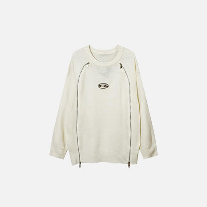 Front view of the white Spliced Round-neck Zipper Sweater in a gray background 