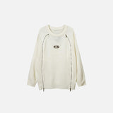 Front view of the white Spliced Round-neck Zipper Sweater in a gray background 